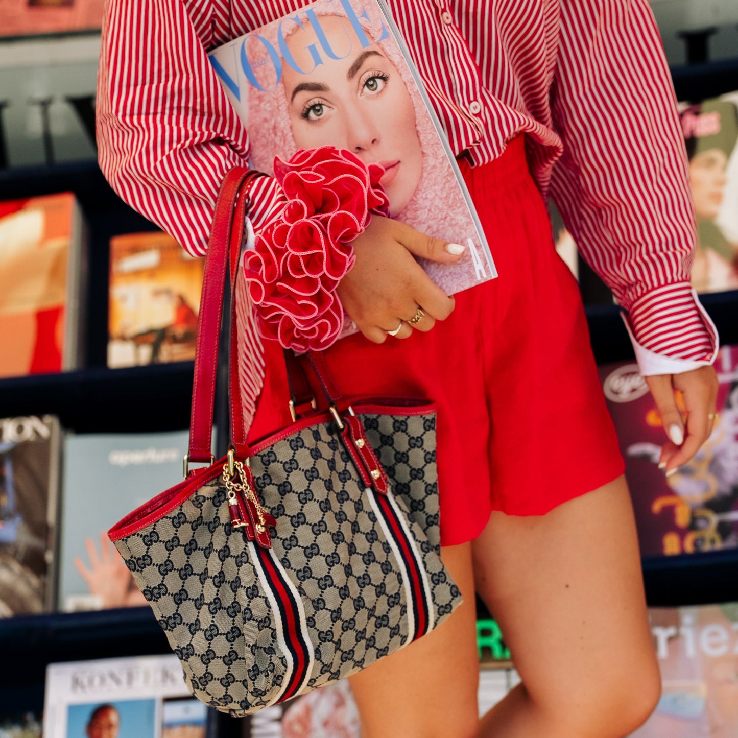 Gucci red GG Monogram Charms Small Shoulder Tote Bag